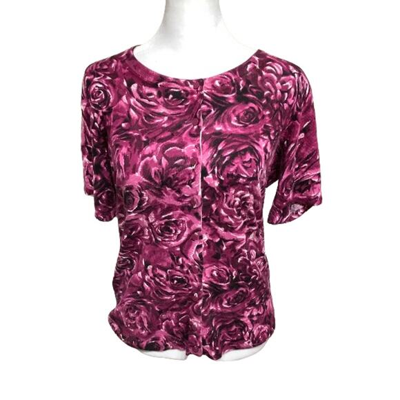 Talbots Sweaters - Talbots Red Rose Print Cardigan Size S Petites - Vibrant, Elegant, Layering